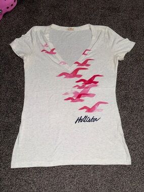 Hollister Y2K Seagull Graphic Tee White Pink V Neck Short Sleeve Size Large